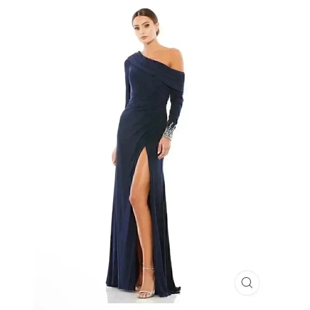 Mac Duggal‎ Maxi Long Gown 4 Navy Beaded Off Shoulder Faux Wrap Wedding Gala